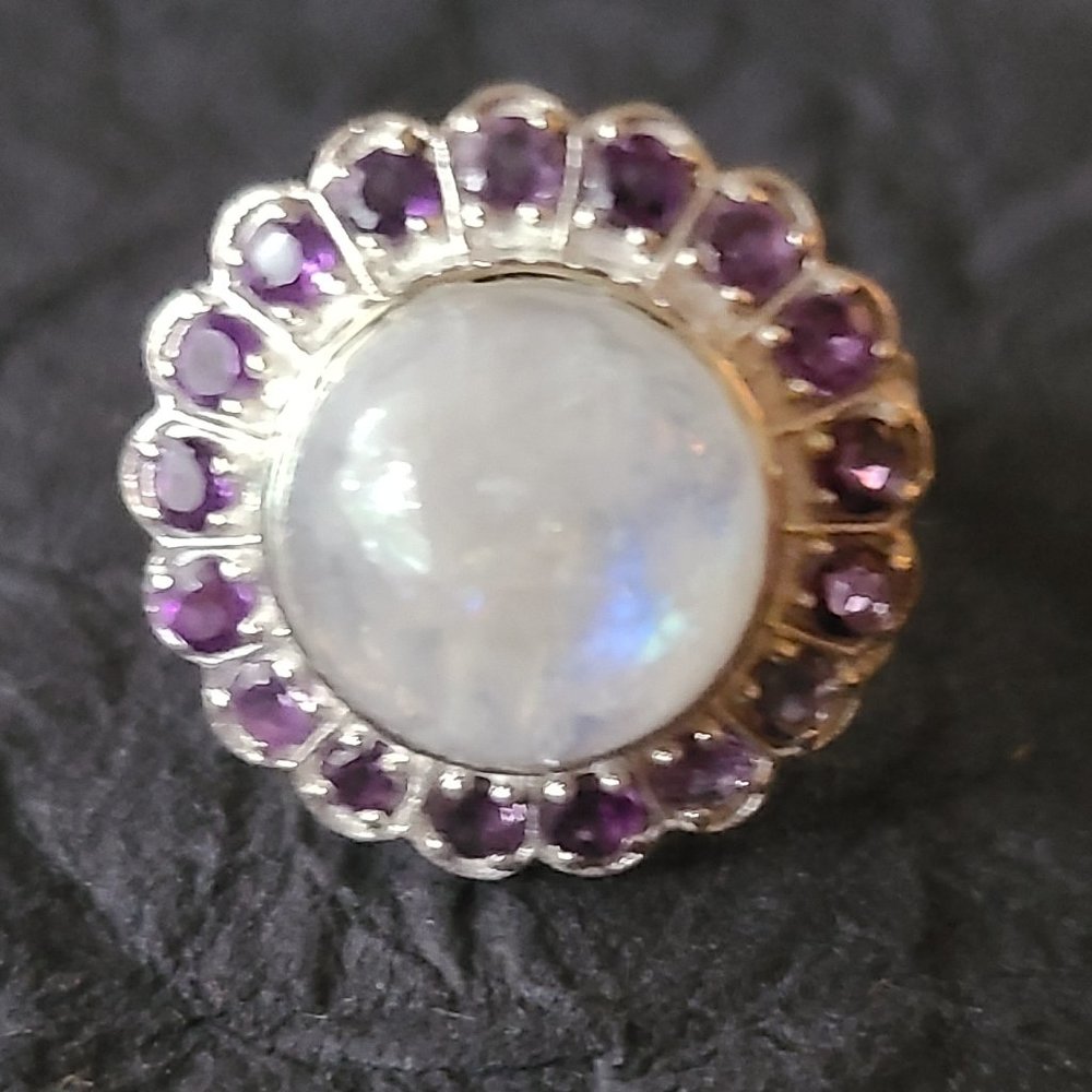 Casual Ring Sterling Silver Moonstone and Amethyst stone ring size 9